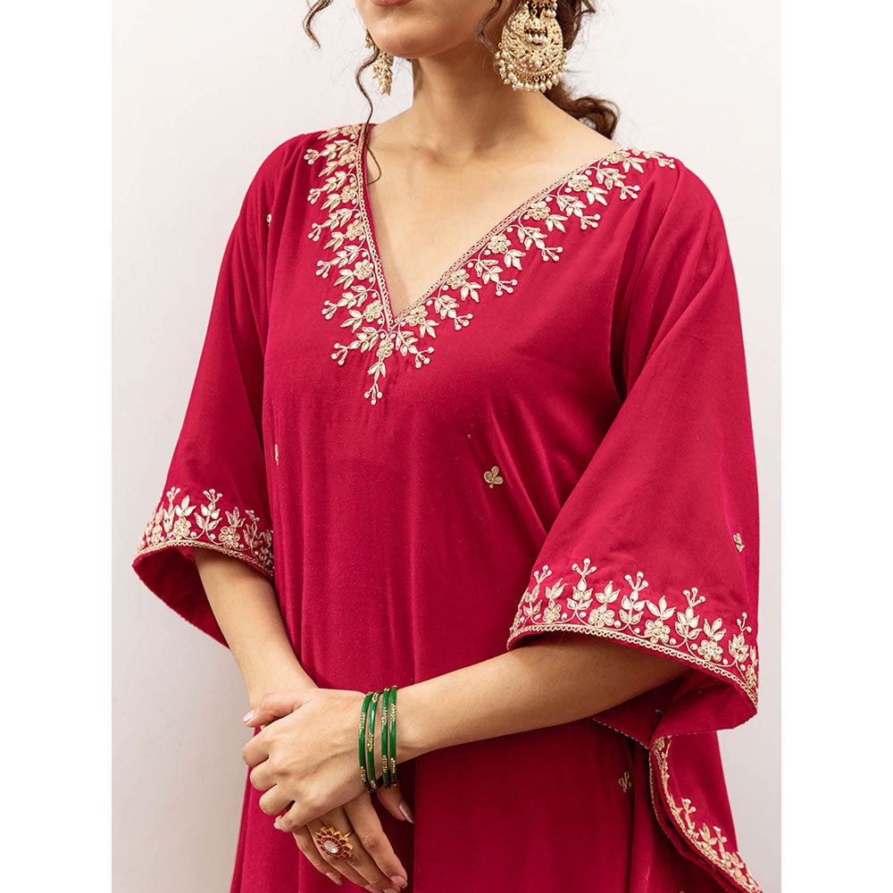Maison Shefali Ibtida Gulabi - Velvet Embroidered Kaftan & Pant (Set of 2)