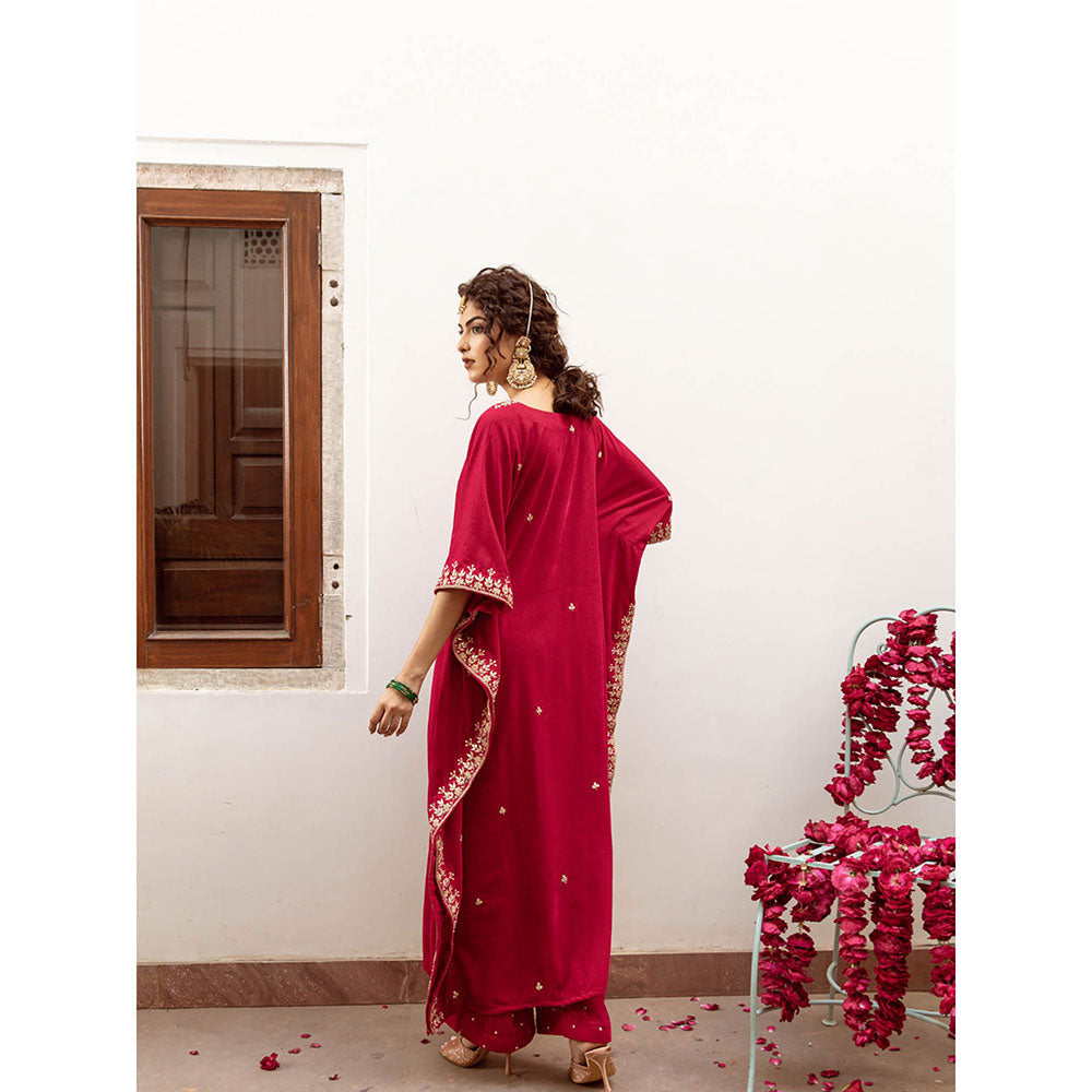 Maison Shefali Ibtida Gulabi - Velvet Embroidered Kaftan & Pant (Set of 2)