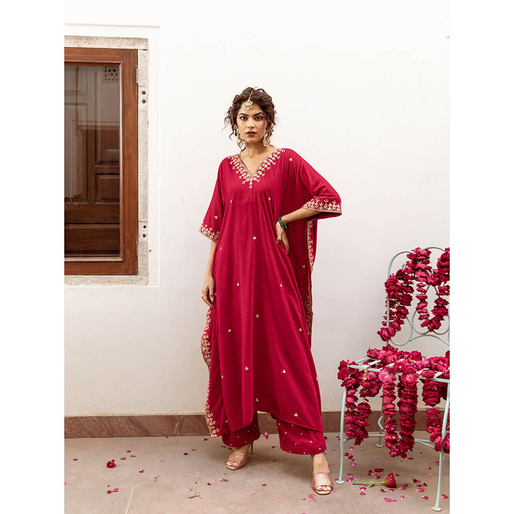 Maison Shefali Ibtida Gulabi - Velvet Embroidered Kaftan & Pant (Set of 2)