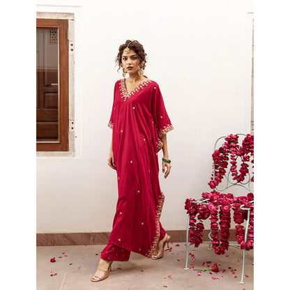 Maison Shefali Ibtida Gulabi - Velvet Embroidered Kaftan & Pant (Set of 2)