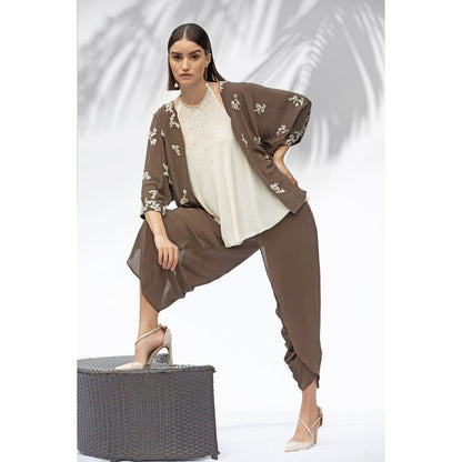 MANDIRA WIRK Moss Green Kimono With Halter Neck Top And Dhoti (Set Of 3)
