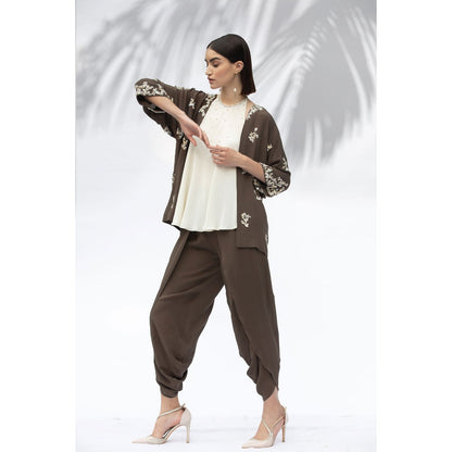 MANDIRA WIRK Moss Green Kimono With Halter Neck Top And Dhoti (Set Of 3)