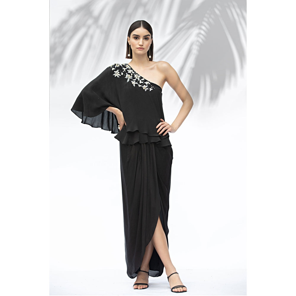 MANDIRA WIRK Black One Off Shoulder Top With Draped Skirt (Set Of 2)