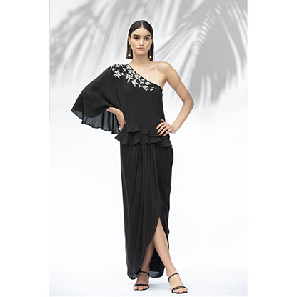 MANDIRA WIRK Black One Off Shoulder Top With Draped Skirt (Set Of 2)