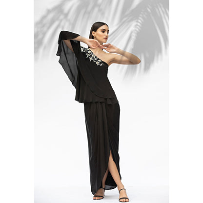 MANDIRA WIRK Black One Off Shoulder Top With Draped Skirt (Set Of 2)