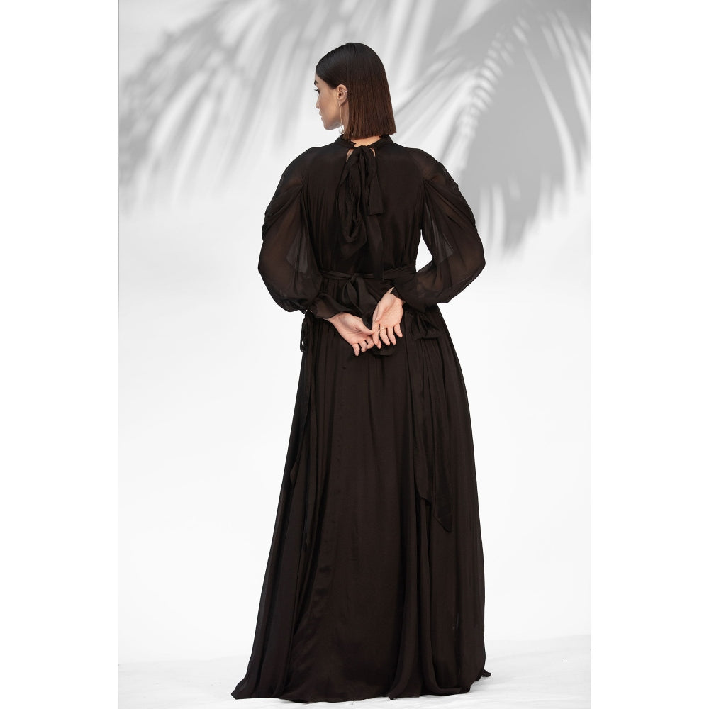 MANDIRA WIRK Black Embroidered Cowled Hem Dress With Belt (Set Of 2)