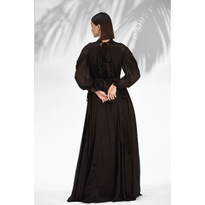 MANDIRA WIRK Black Embroidered Cowled Hem Dress With Belt (Set Of 2)