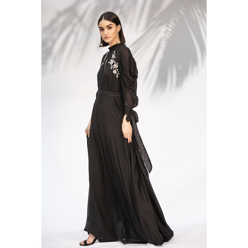 MANDIRA WIRK Black Embroidered Cowled Hem Dress With Belt (Set Of 2)