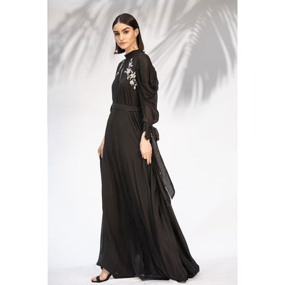 MANDIRA WIRK Black Embroidered Cowled Hem Dress With Belt (Set Of 2)