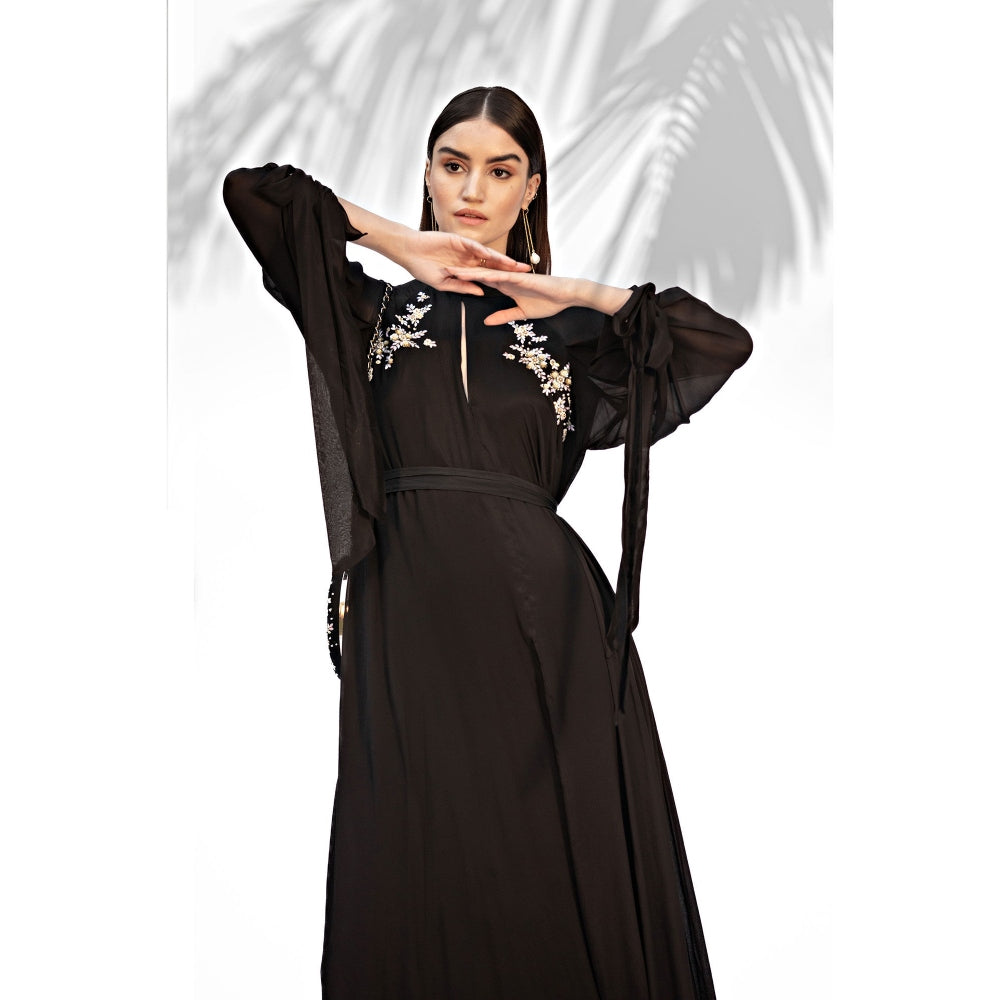 MANDIRA WIRK Black Embroidered Cowled Hem Dress With Belt (Set Of 2)