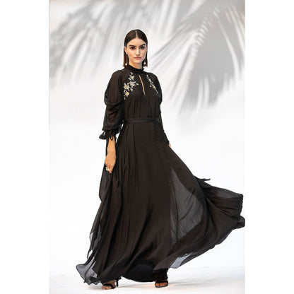 MANDIRA WIRK Black Embroidered Cowled Hem Dress With Belt (Set Of 2)