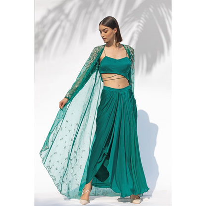 MANDIRA WIRK Emerald Green Jacket With Drape Skirt And Bustier (Set Of 3)