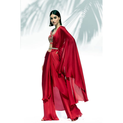MANDIRA WIRK Ruby Red Drape Saree Belt With Blouse (Set Of 3)