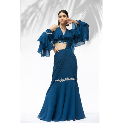 MANDIRA WIRK Saphire Blue Darpe Saree With Blouse (Set Of 2)