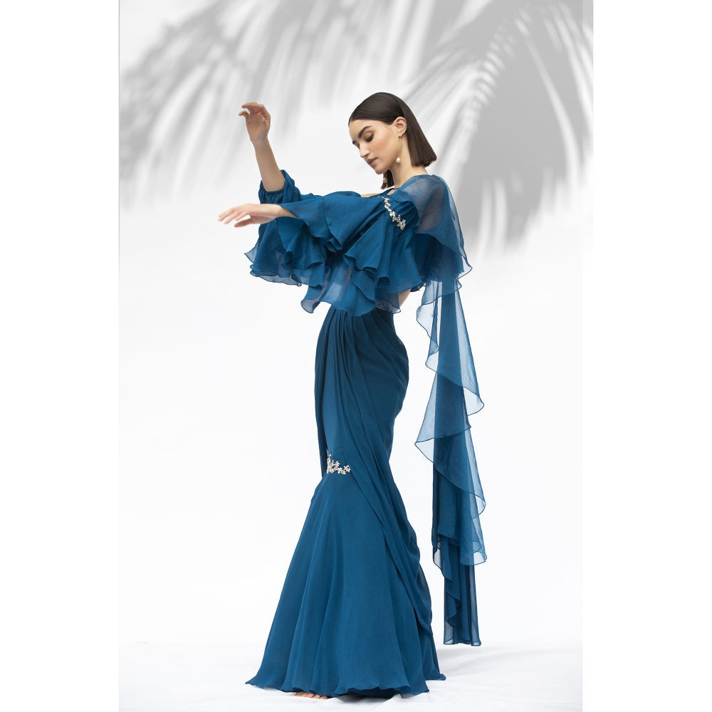 MANDIRA WIRK Saphire Blue Darpe Saree With Blouse (Set Of 2)