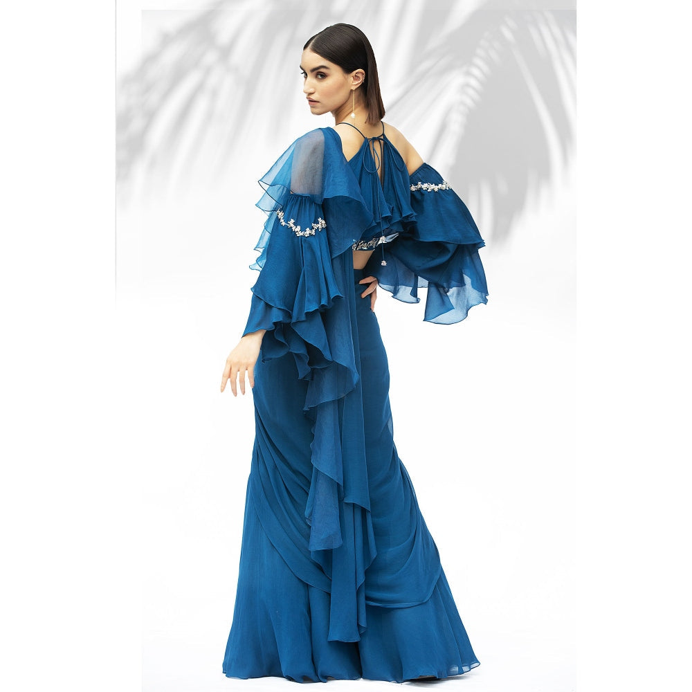 MANDIRA WIRK Saphire Blue Darpe Saree With Blouse (Set Of 2)