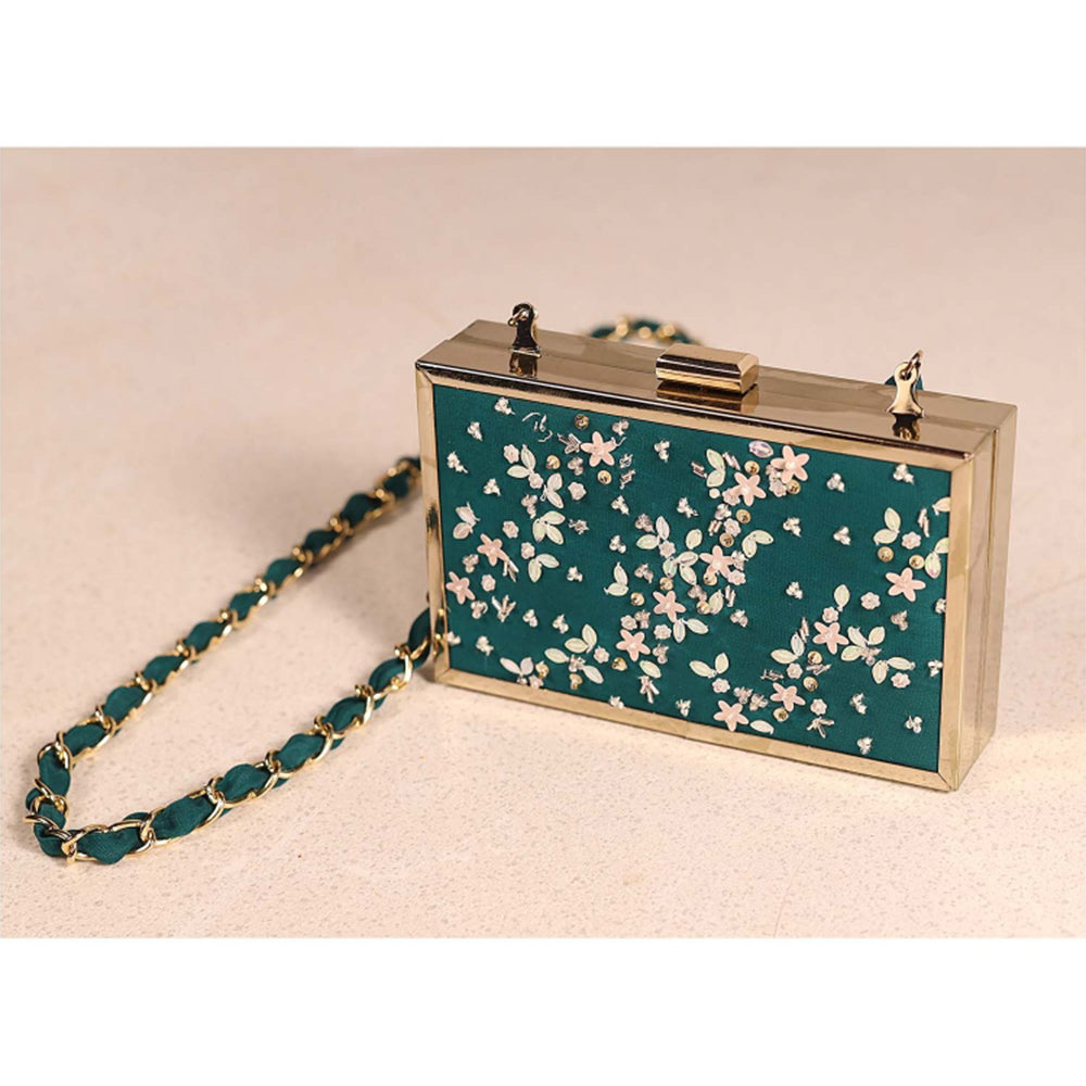 MANDIRA WIRK Green Hand Embroidered Clutch