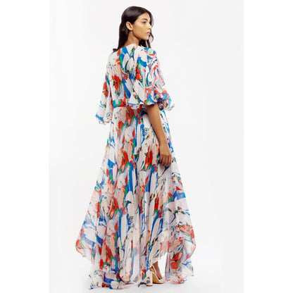 MANDIRA WIRK Lycra Printed Two Piece Bikini with Chiffon Cape Ivory & Blue (Set of 3)