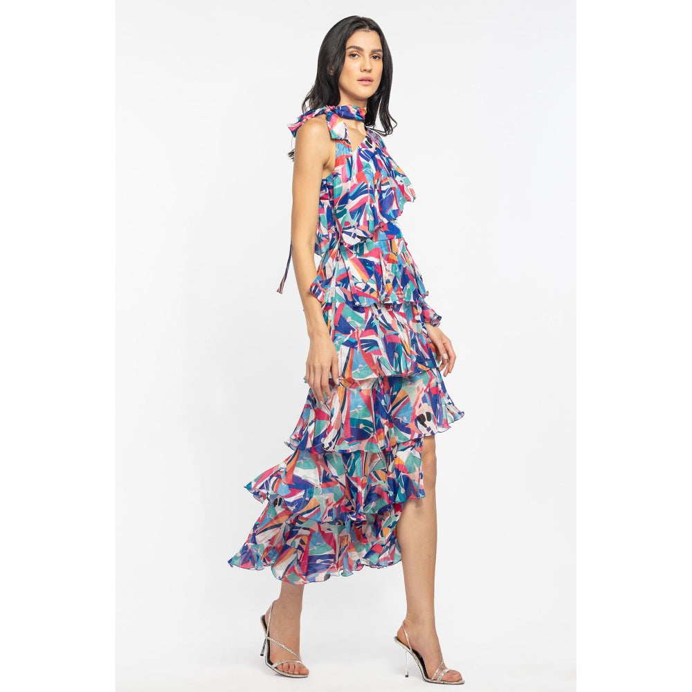 MANDIRA WIRK Chiffon Printed Layered Dress Blue