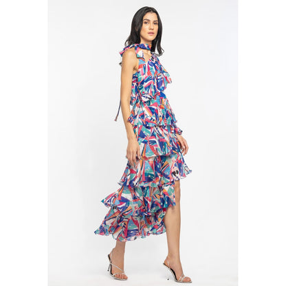 MANDIRA WIRK Chiffon Printed Layered Dress Blue