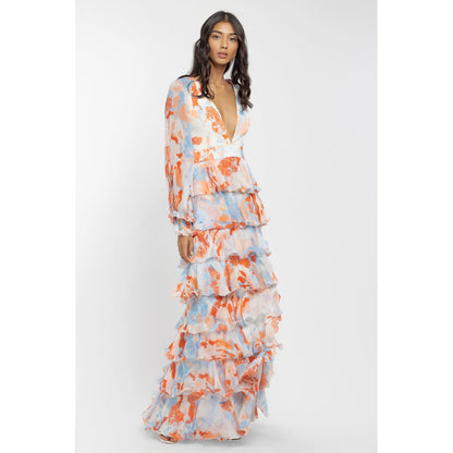 MANDIRA WIRK Chiffon Printed Long Layered Dress Ivory & Orange