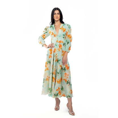 MANDIRA WIRK Cotton Lurex Printed Flaired Dress Blue