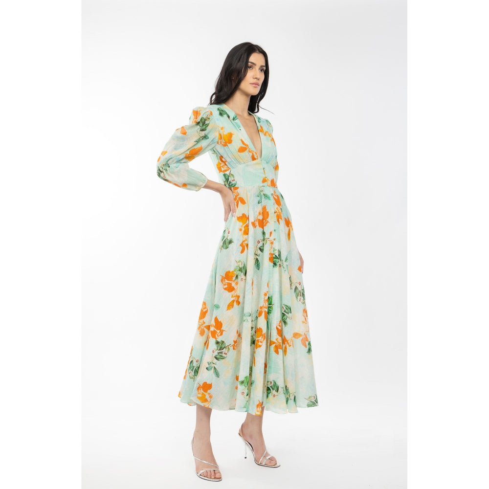 MANDIRA WIRK Cotton Lurex Printed Flaired Dress Blue