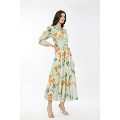 MANDIRA WIRK Cotton Lurex Printed Flaired Dress Blue