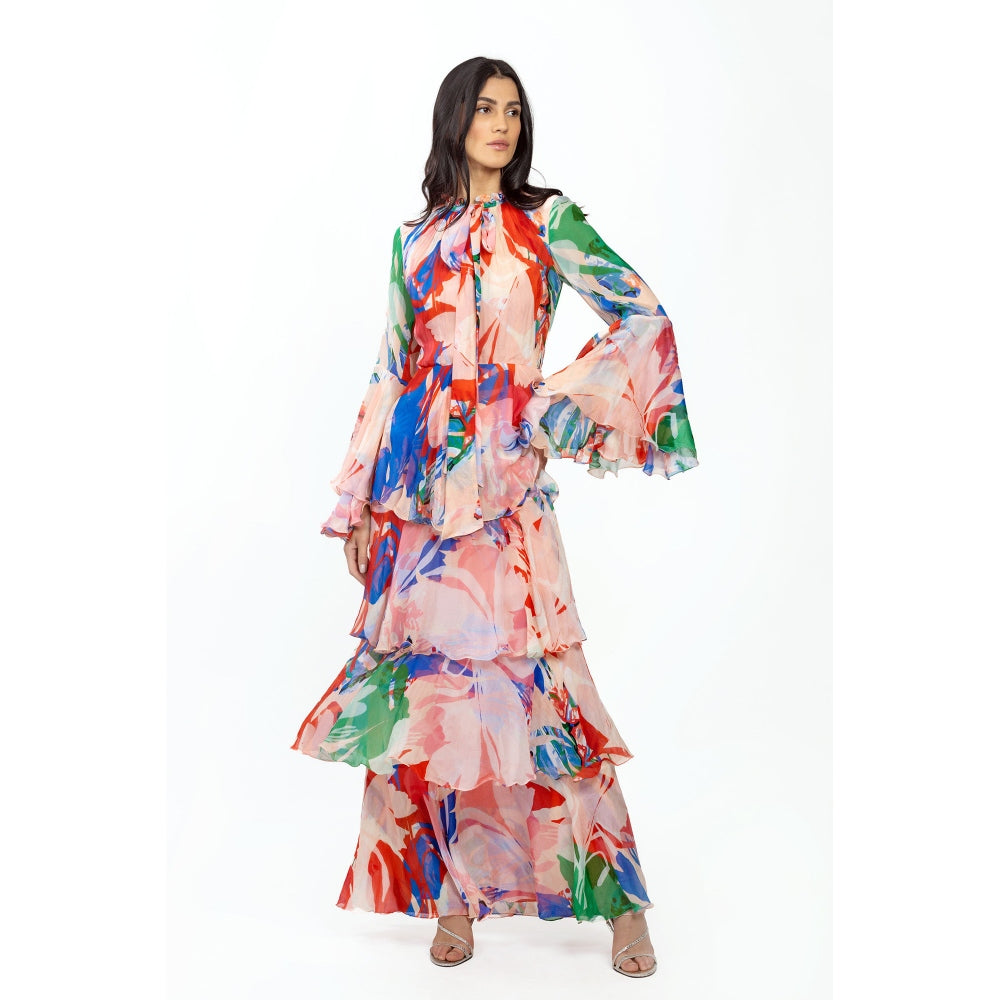 MANDIRA WIRK Chiffon Printed Layered Dress Beige & Red