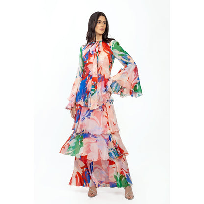 MANDIRA WIRK Chiffon Printed Layered Dress Beige & Red