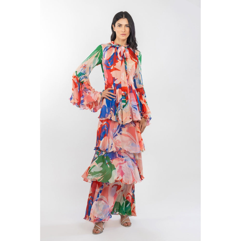 MANDIRA WIRK Chiffon Printed Layered Dress Beige & Red