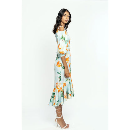 MANDIRA WIRK Cotton Poplin Printed Midi Dress Blue