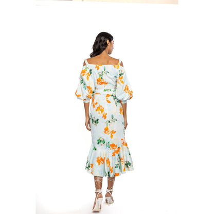 MANDIRA WIRK Cotton Poplin Printed Midi Dress Blue