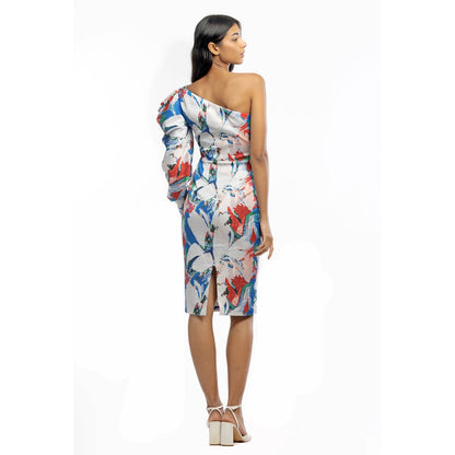 MANDIRA WIRK Satin Printed One Shoulder Draped Dress Ivory & Blue