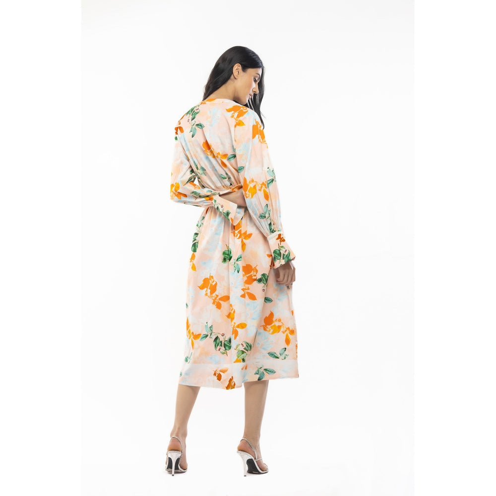 MANDIRA WIRK Cotton Poplin Printed Shirt Dress Peach