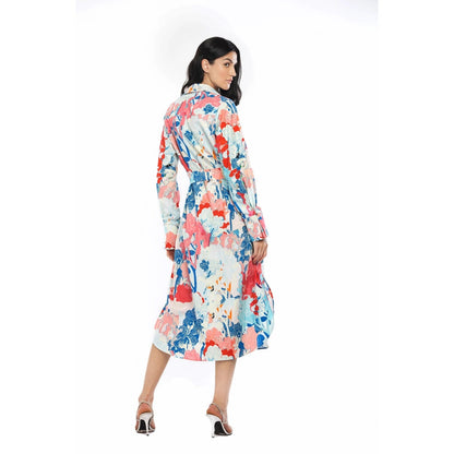 MANDIRA WIRK Cotton Poplin Printed Shirt Dress with Belt Blue & Pink (Set of 2)