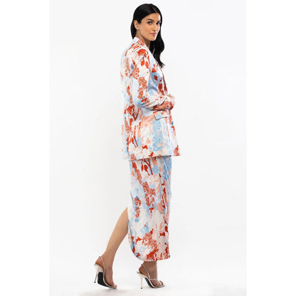 MANDIRA WIRK Satin Printed Jacket with Cowled Skirt and Bustier Ivory & Orange (Set of 3)