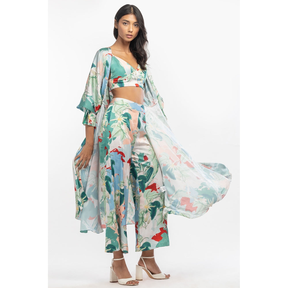 MANDIRA WIRK Satin Printed Jacket with Pants and Bustier Green (Set of 3)