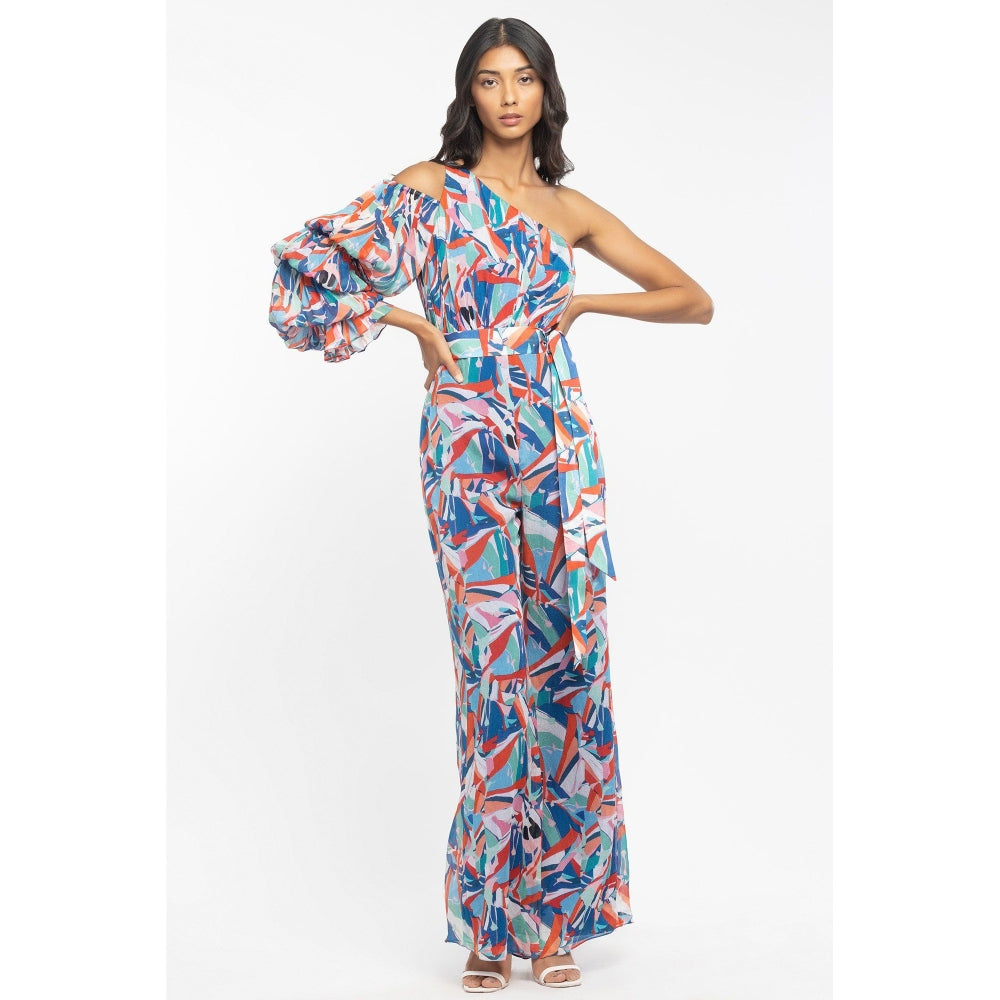 MANDIRA WIRK Chiffon Printed Jumpsuit with Belt Blue (Set of 2)