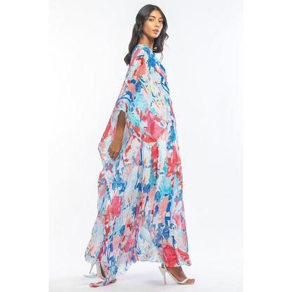 MANDIRA WIRK Chiffon Printed Pleated Kaftan with Belt and Slip Blue & Pink (Set of 3)