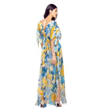 MANDIRA WIRK Cotton Lurex Printed Kaftan Yellow & Blue