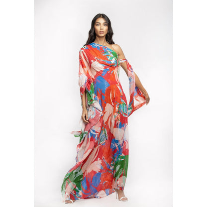 MANDIRA WIRK Cotton Lurex Printed One Shoulder Kaftan Red