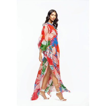 MANDIRA WIRK Cotton Lurex Printed One Shoulder Kaftan Red