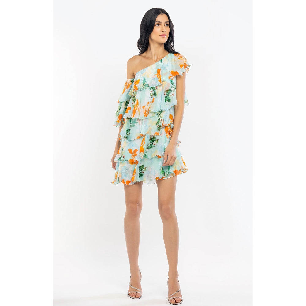 MANDIRA WIRK Chiffon Printed Tiered Short Dress Blue