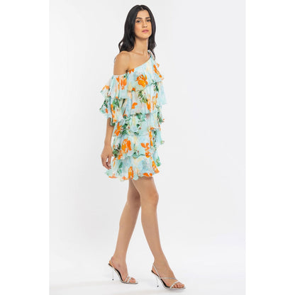 MANDIRA WIRK Chiffon Printed Tiered Short Dress Blue