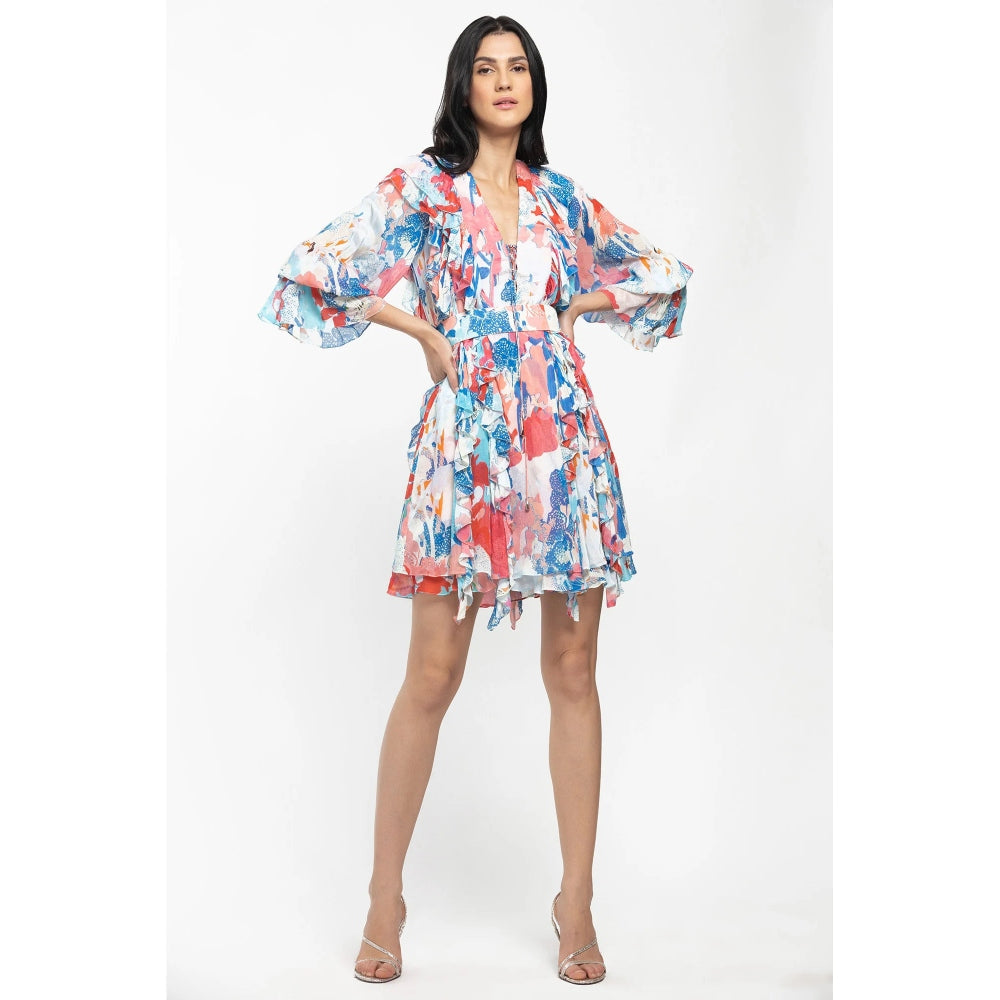 MANDIRA WIRK Chiffon Printed Short Frilled Dress with Belt Pink & Blue (Set of 2)