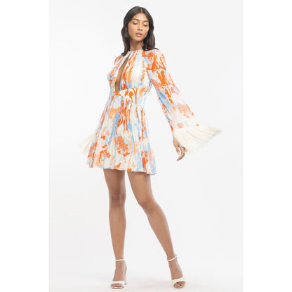 MANDIRA WIRK Chiffon Printed Short Dress Ivory & Orange