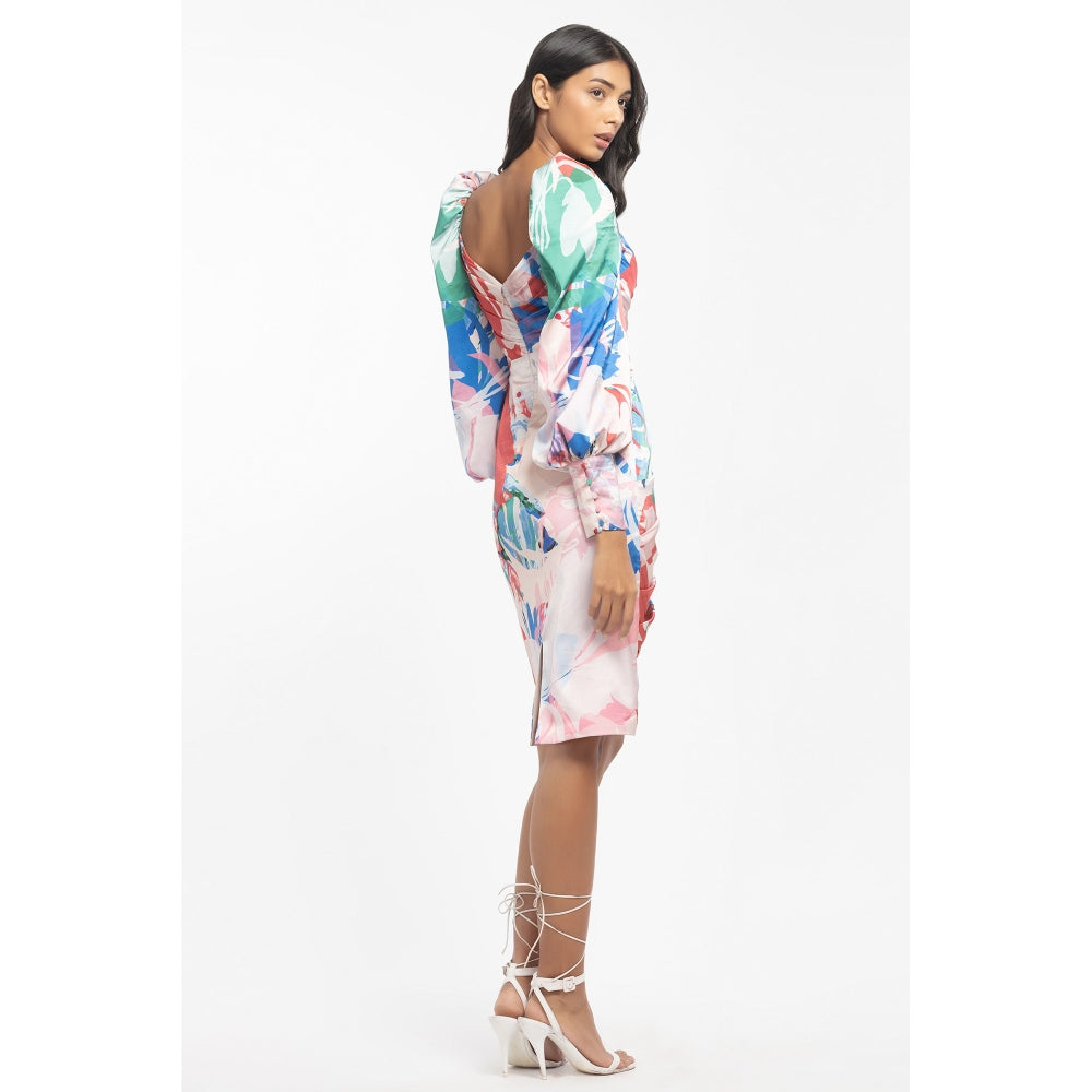 MANDIRA WIRK Satin Printed Draped Dress Multi-Color