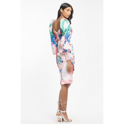 MANDIRA WIRK Satin Printed Draped Dress Multi-Color