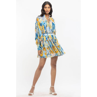 MANDIRA WIRK Chiffon Printed Gathered Top with Tiered Skirt Yellow & Blue (Set of 2)